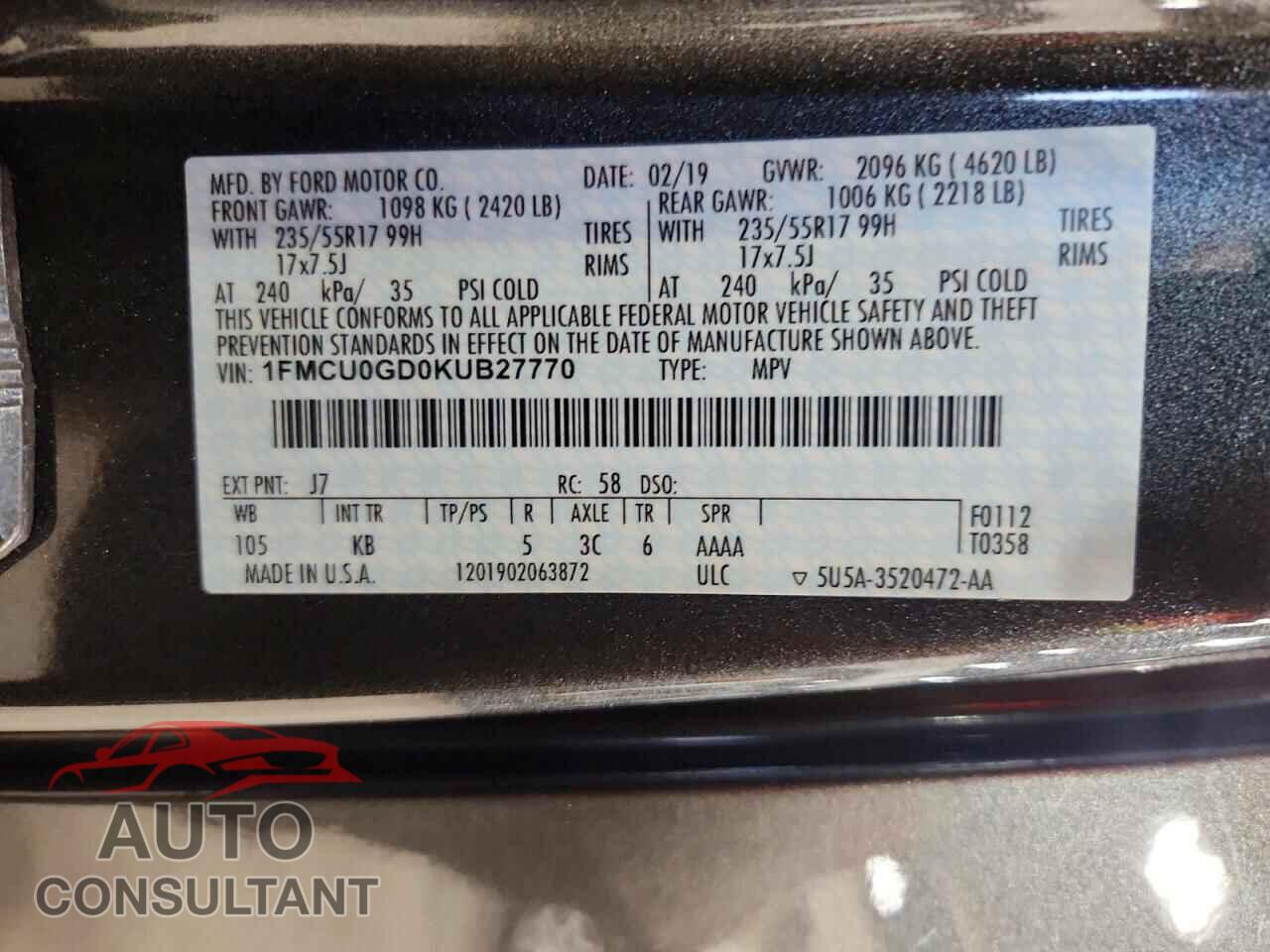 FORD ESCAPE 2019 - 1FMCU0GD0KUB27770