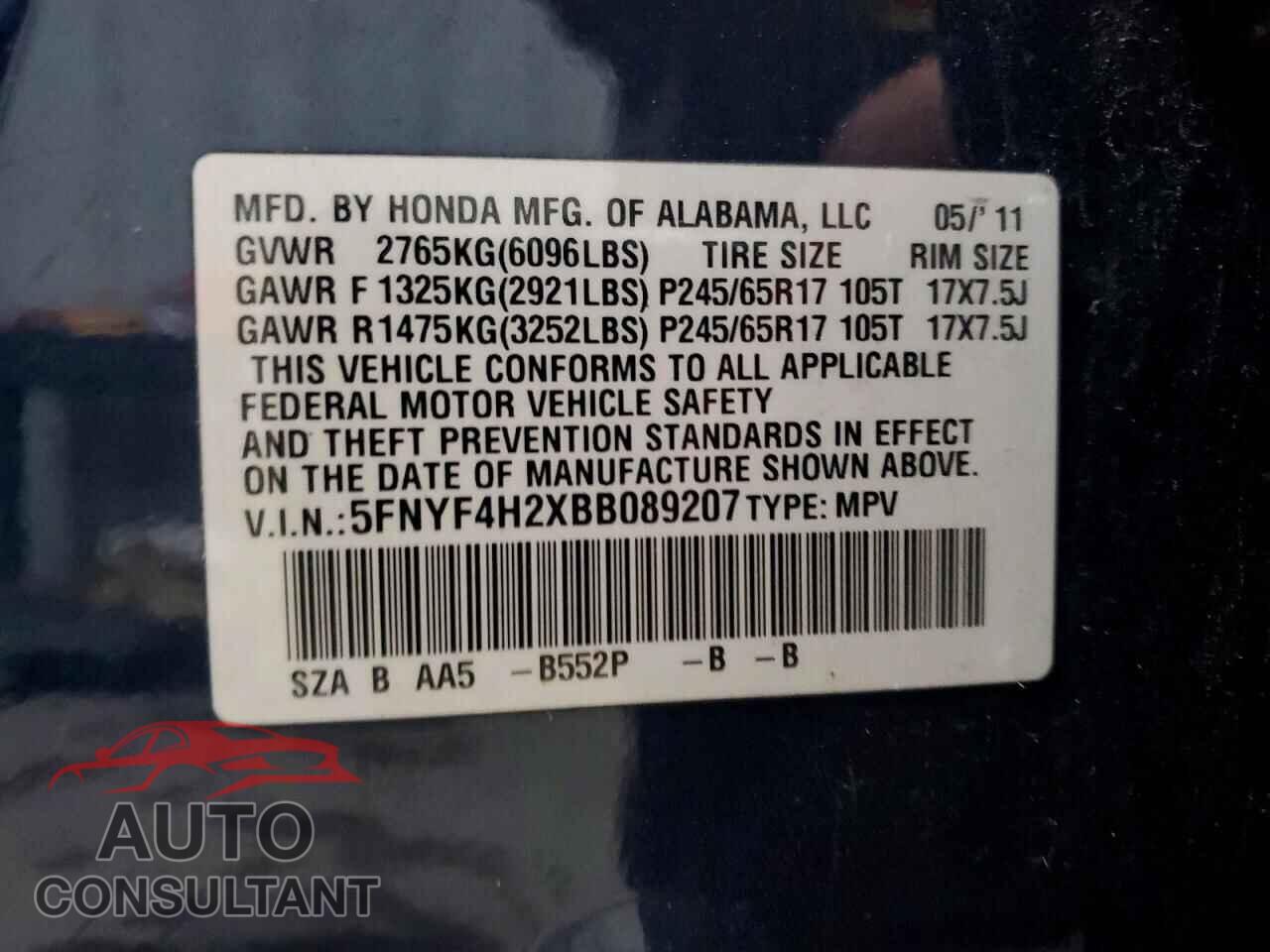 HONDA PILOT 2011 - 5FNYF4H2XBB089207