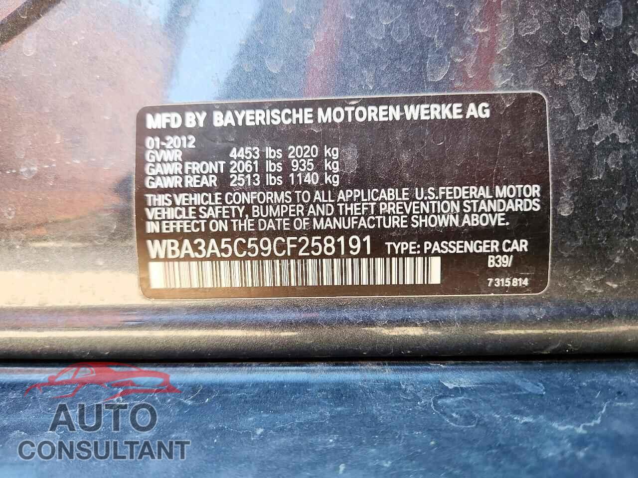 BMW 3 SERIES 2012 - WBA3A5C59CF258191