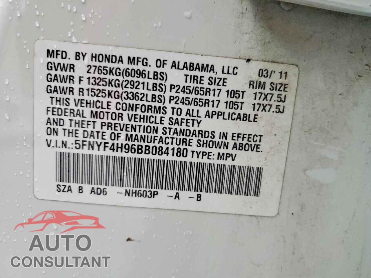 HONDA PILOT 2011 - 5FNYF4H96BB084180