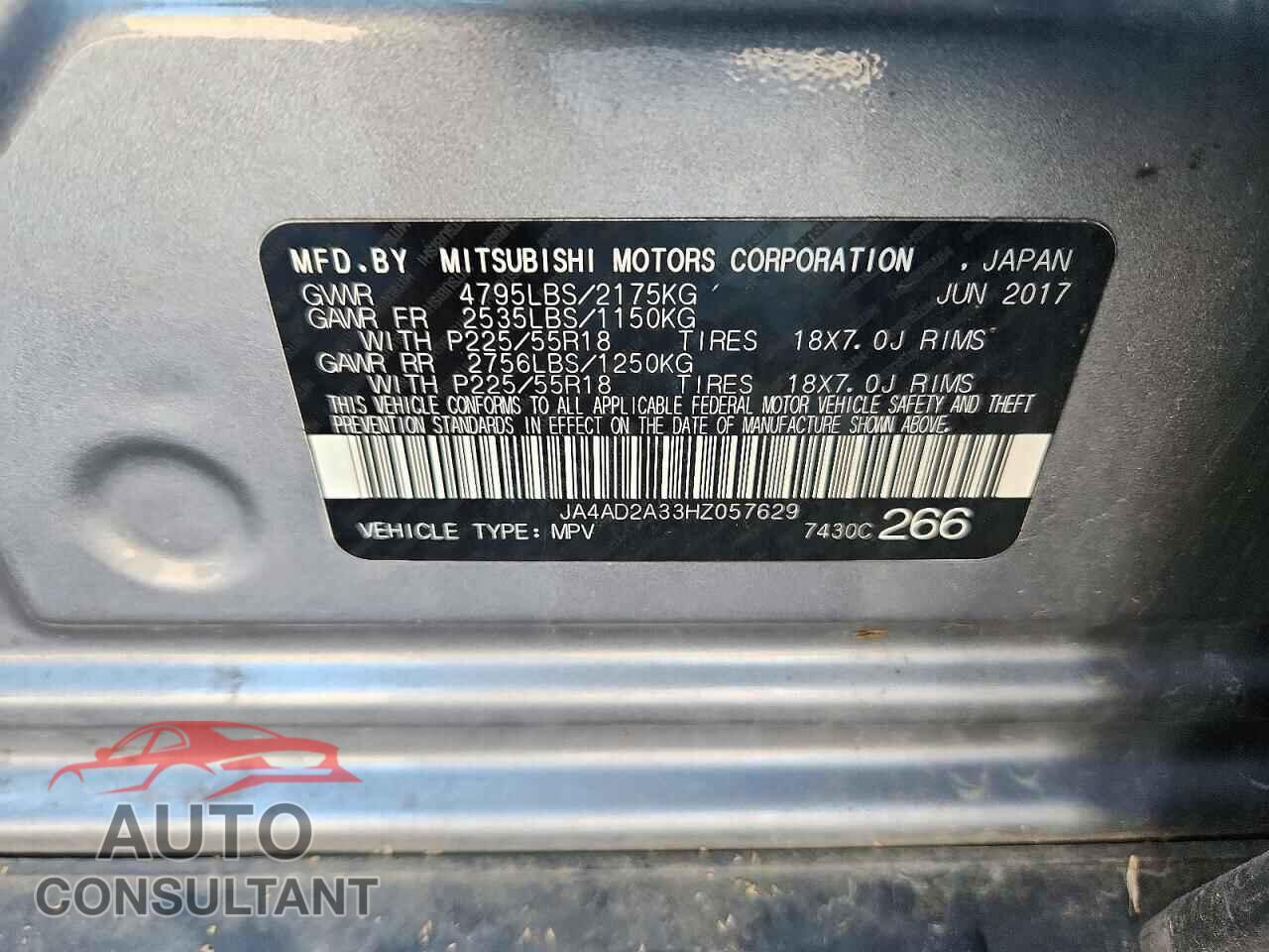 MITSUBISHI OUTLANDER 2017 - JA4AD2A33HZ057629