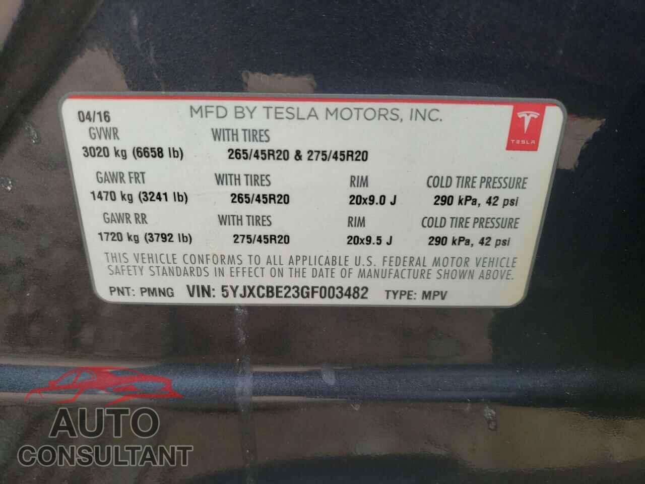 TESLA MODEL X 2016 - 5YJXCBE23GF003482