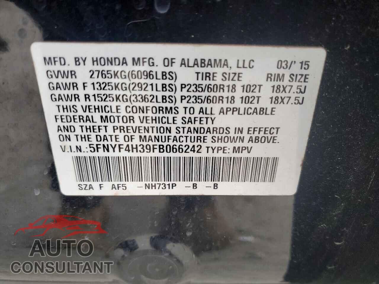HONDA PILOT 2015 - 5FNYF4H39FB066242