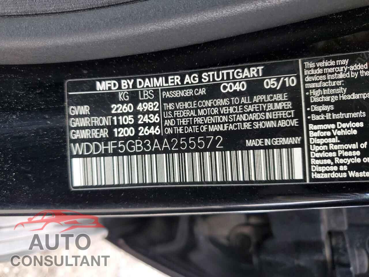 MERCEDES-BENZ E-CLASS 2010 - WDDHF5GB3AA255572