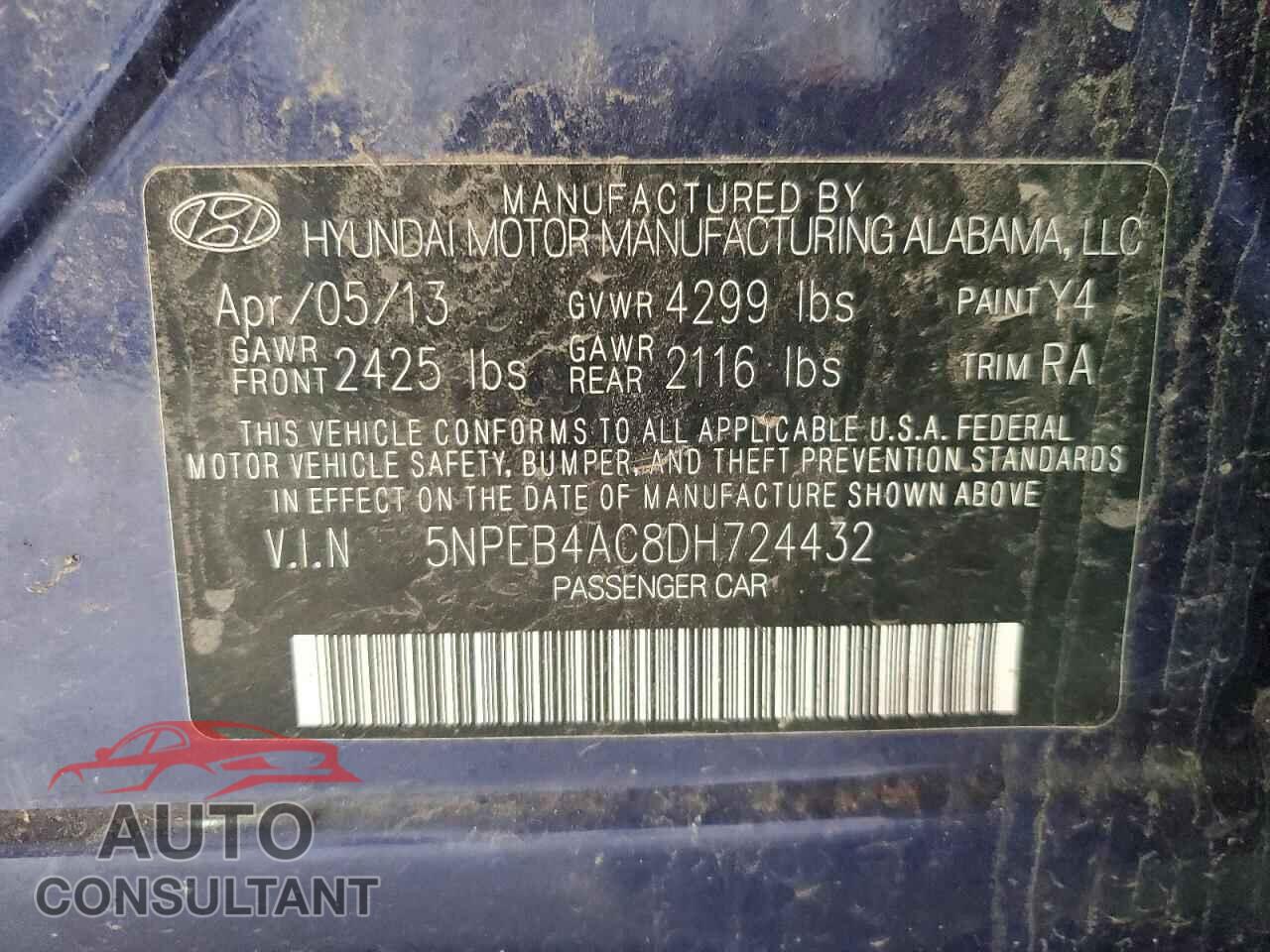 HYUNDAI SONATA 2013 - 5NPEB4AC8DH724432