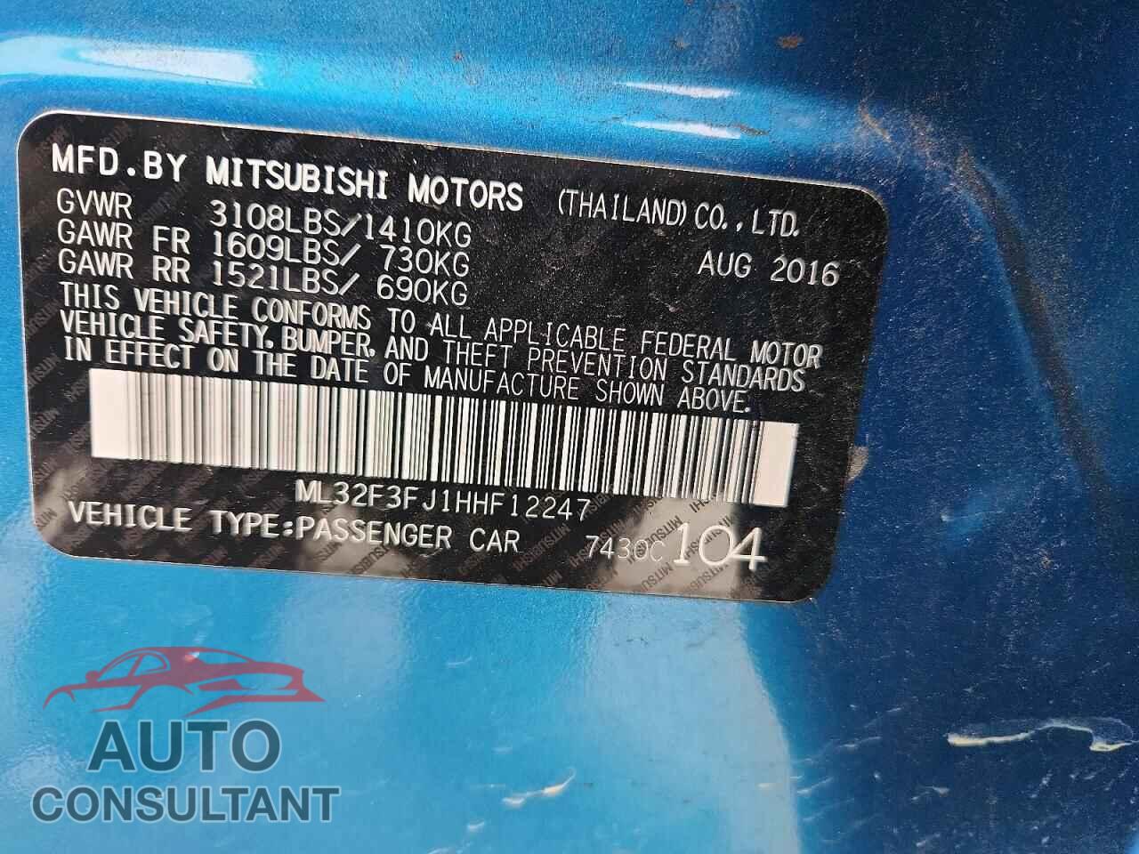 MITSUBISHI MIRAGE 2017 - ML32F3FJ1HHF12247