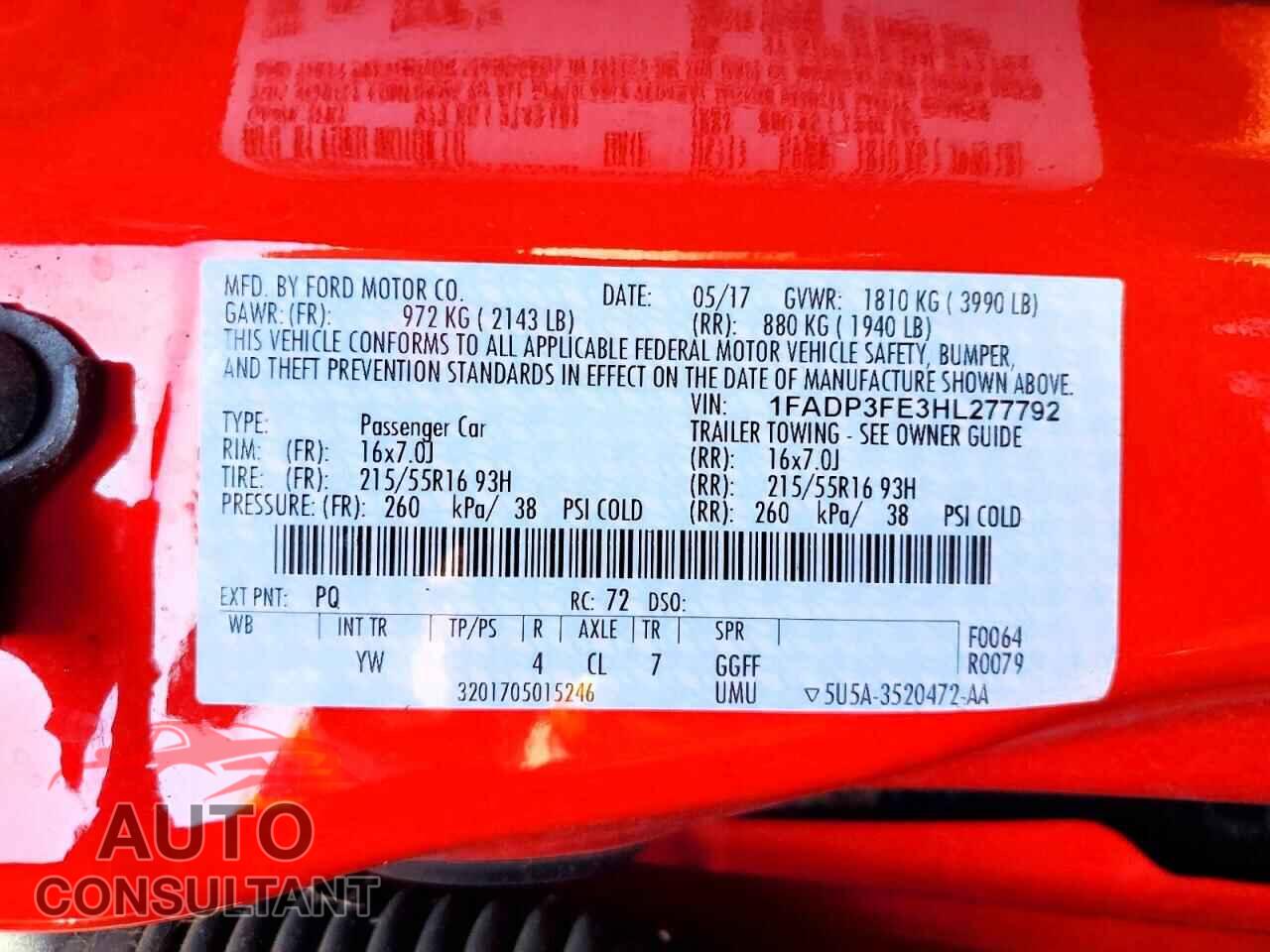 FORD FOCUS 2017 - 1FADP3FE3HL277792
