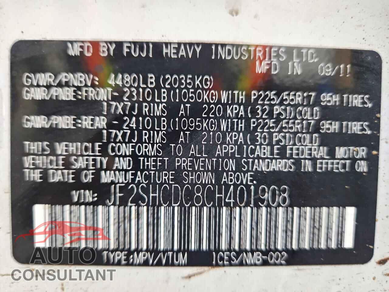 SUBARU FORESTER 2012 - JF2SHCDC8CH401908