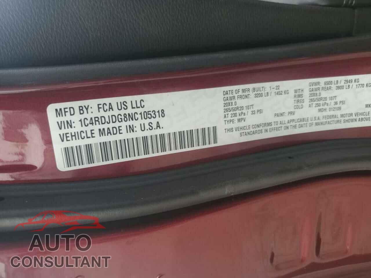 DODGE DURANGO 2022 - 1C4RDJDG8NC105318