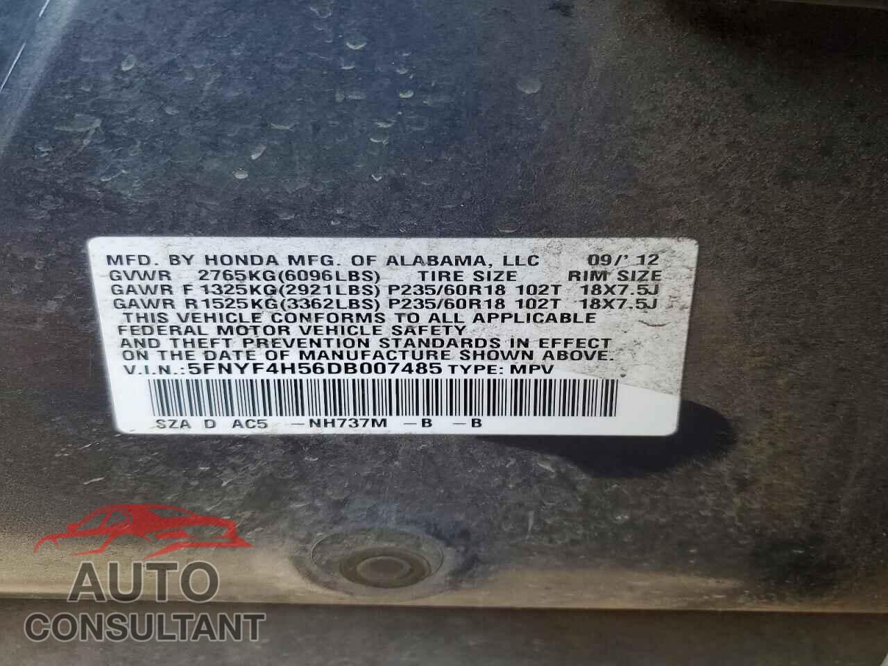 HONDA PILOT 2013 - 5FNYF4H56DB007485