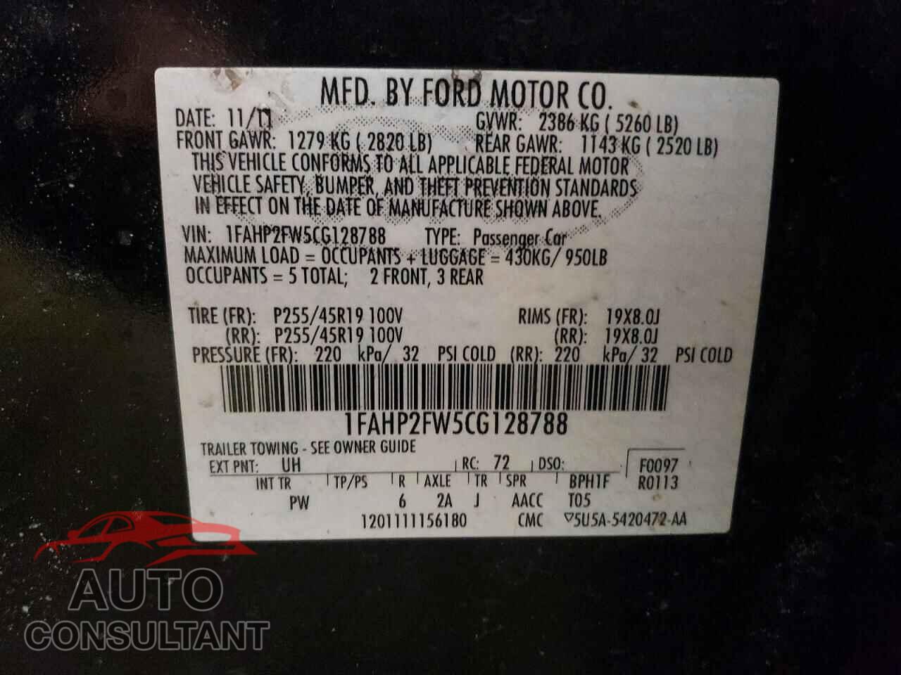FORD TAURUS 2012 - 1FAHP2FW5CG128788