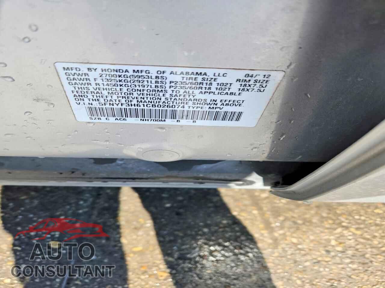 HONDA PILOT 2012 - 5FNYF3H61CB026074