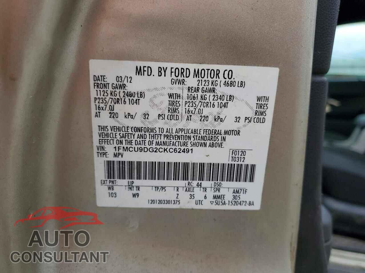 FORD ESCAPE 2012 - 1FMCU9DG2CKC62491