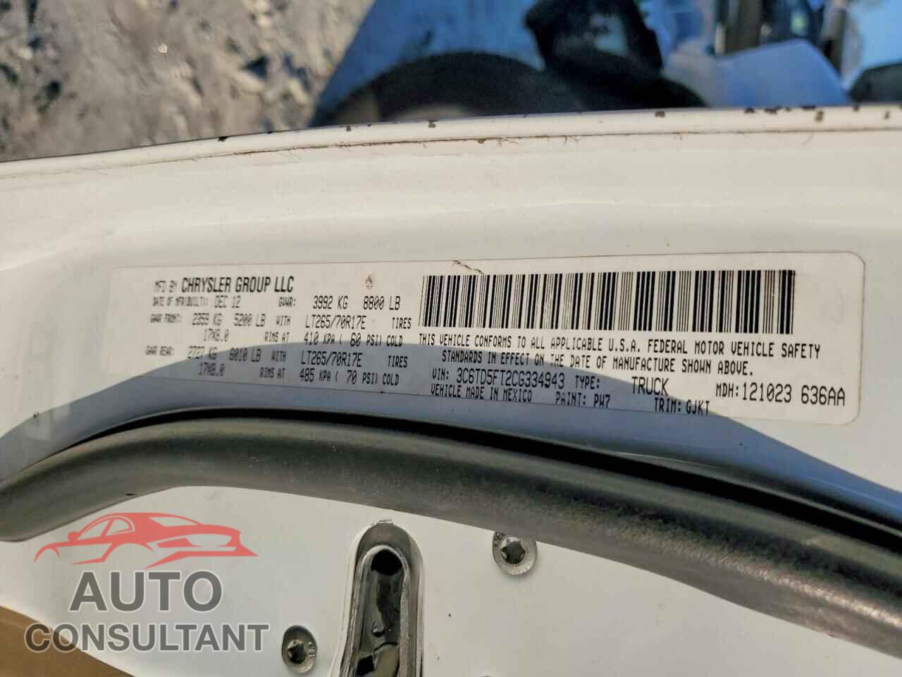 DODGE RAM 2500 2012 - 3C6TD5FT2CG334943
