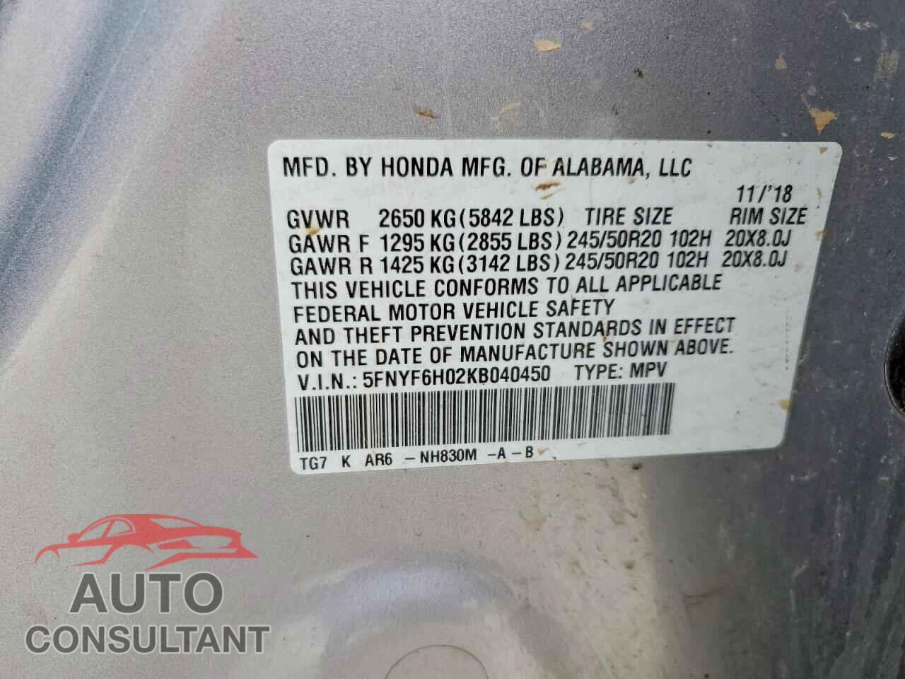 HONDA PILOT 2019 - 5FNYF6H02KB040450