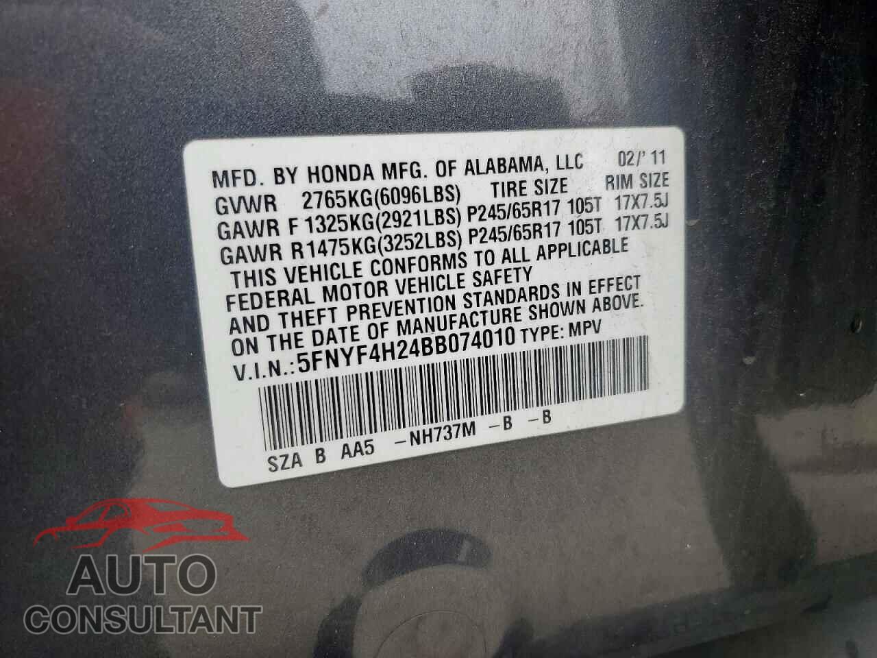 HONDA PILOT 2011 - 5FNYF4H24BB074010