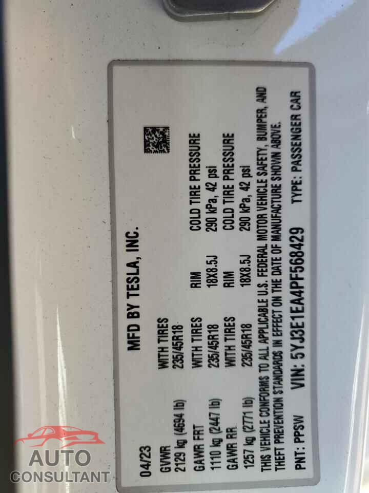 TESLA MODEL 3 2023 - 5YJ3E1EA4PF568429