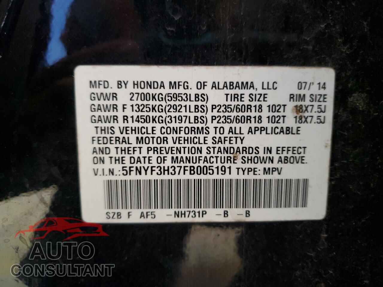 HONDA PILOT 2015 - 5FNYF3H37FB005191