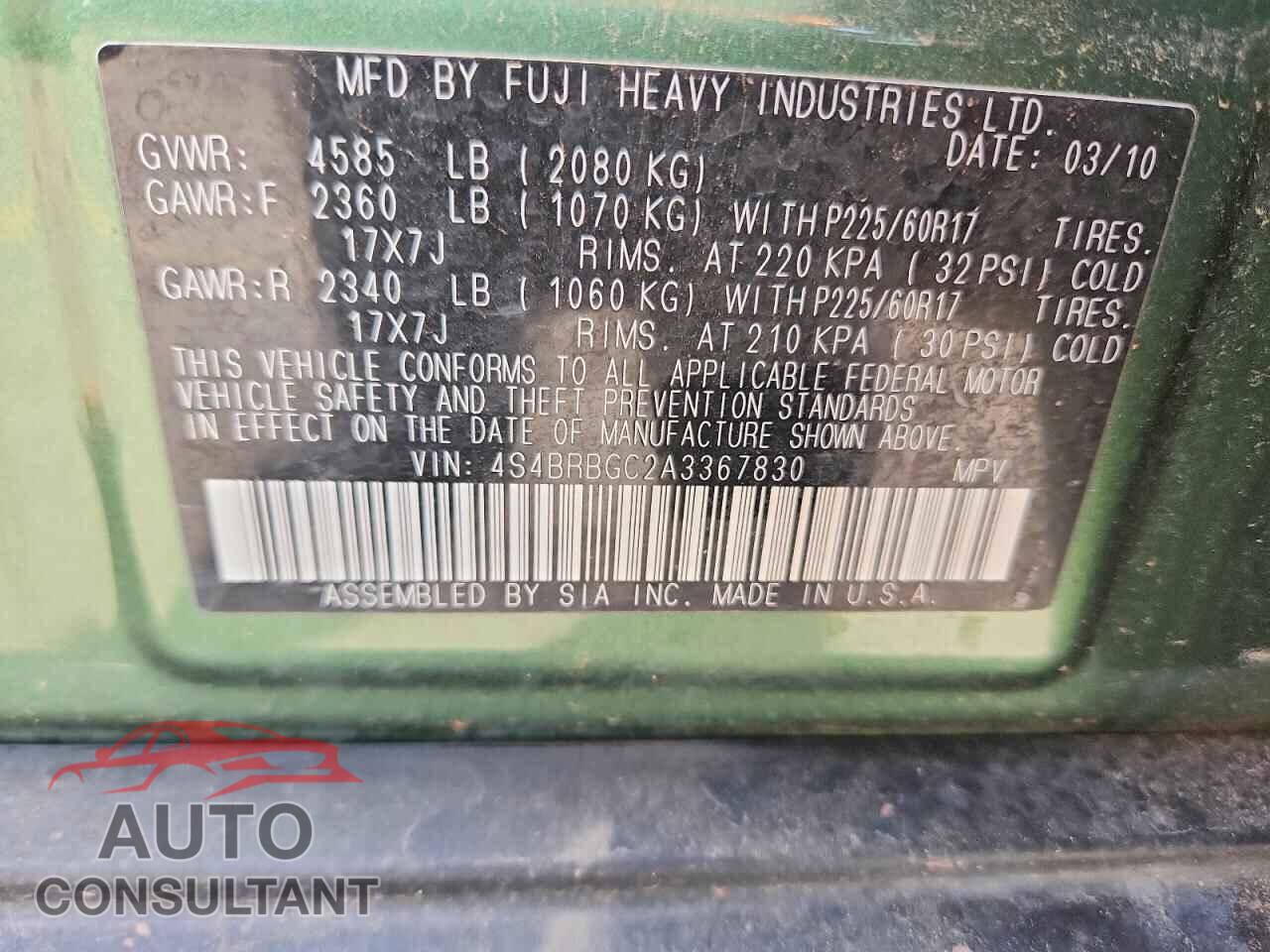 SUBARU OUTBACK 2010 - 4S4BRBGC2A3367830