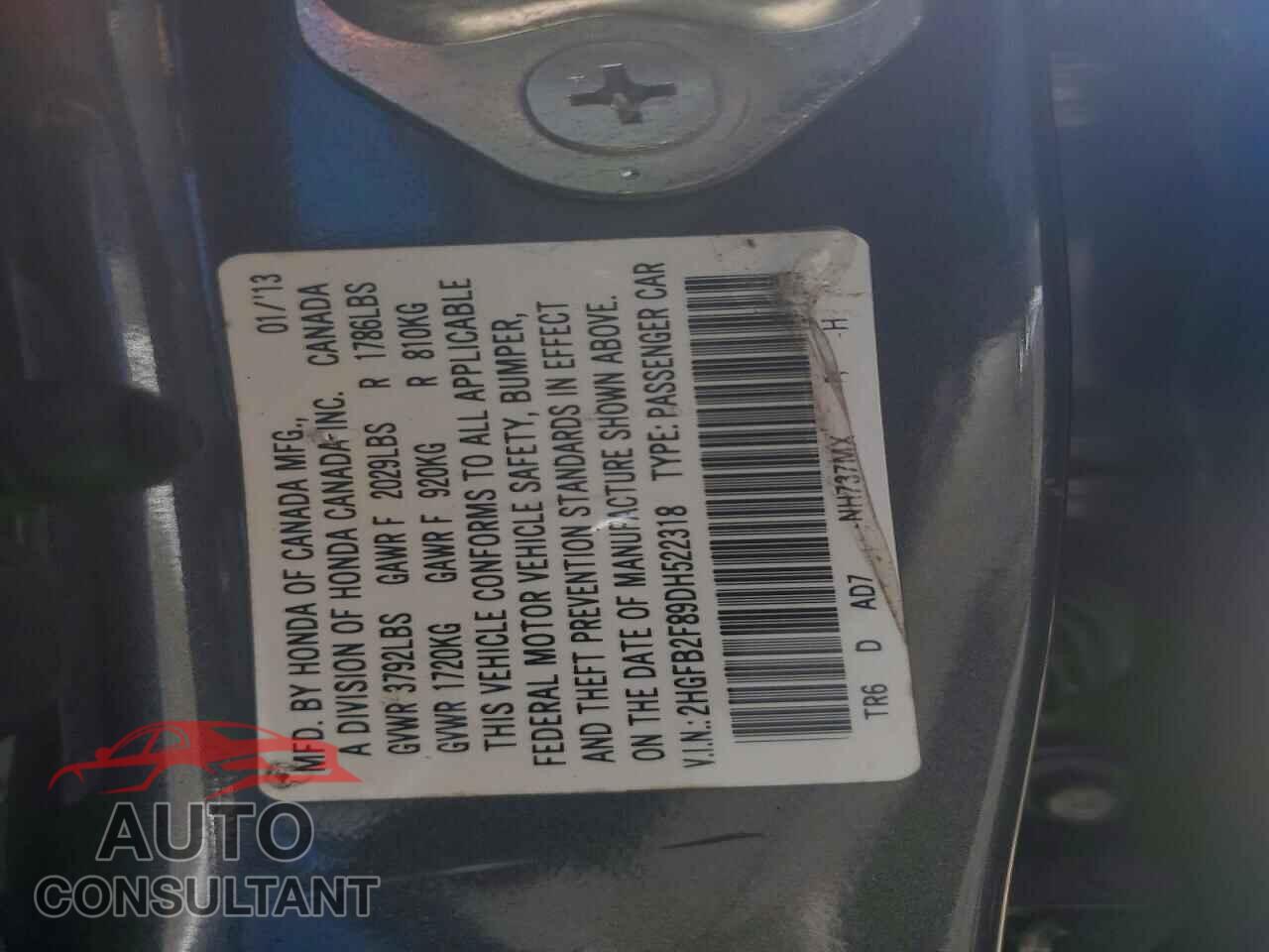 HONDA CIVIC 2013 - 2HGFB2F89DH522318