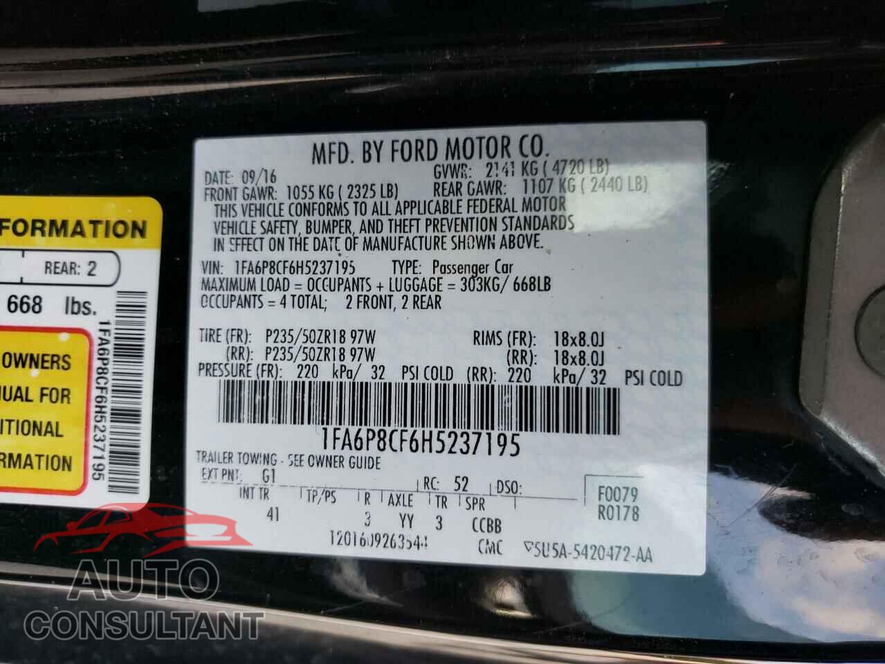 FORD MUSTANG 2017 - 1FA6P8CF6H5237195