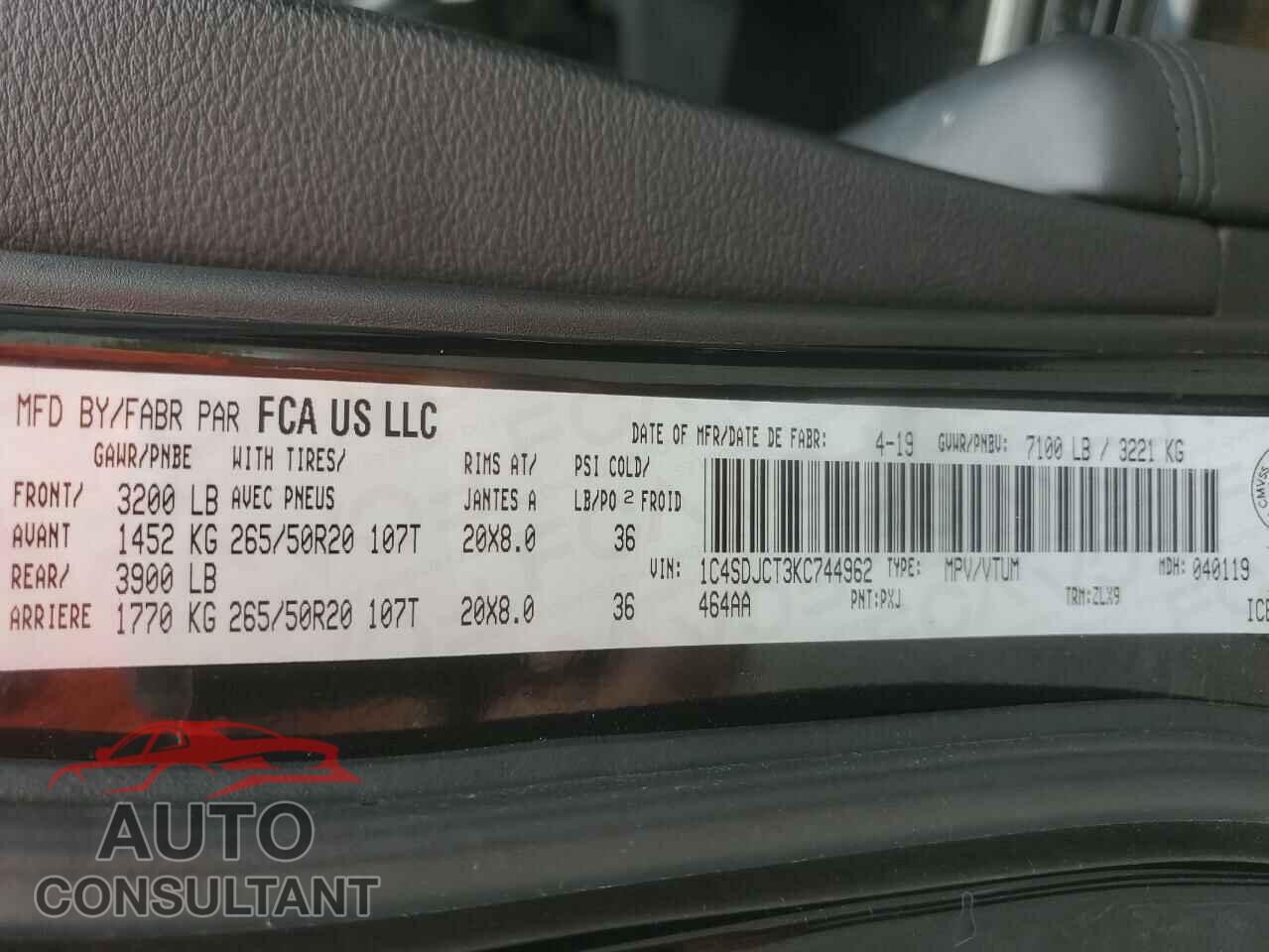 DODGE DURANGO 2019 - 1C4SDJCT3KC744962