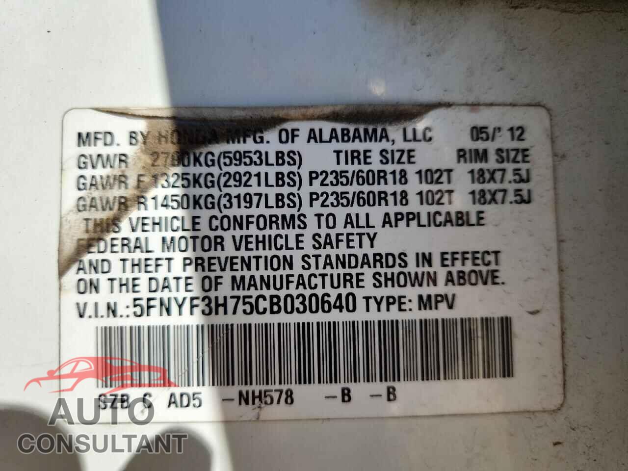 HONDA PILOT 2012 - 5FNYF3H75CB030640
