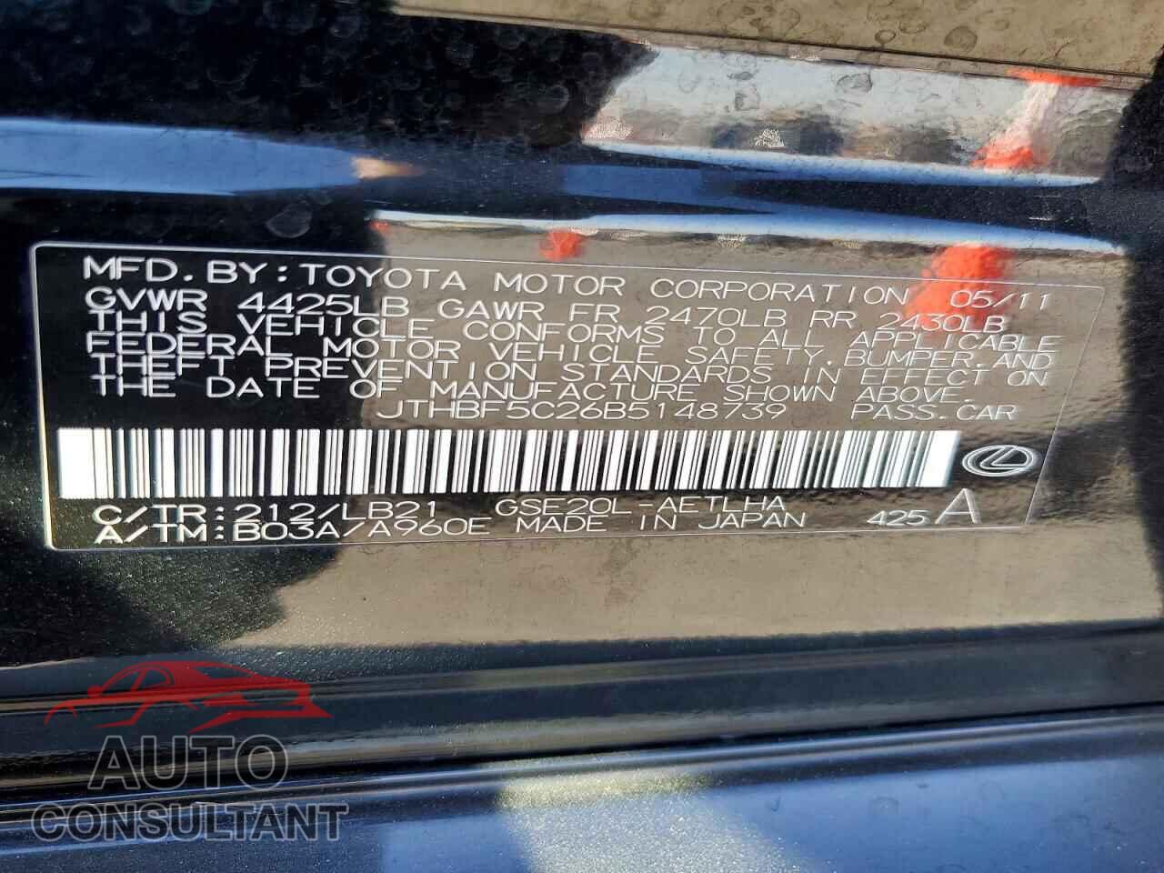 LEXUS IS 2011 - JTHBF5C26B5148739