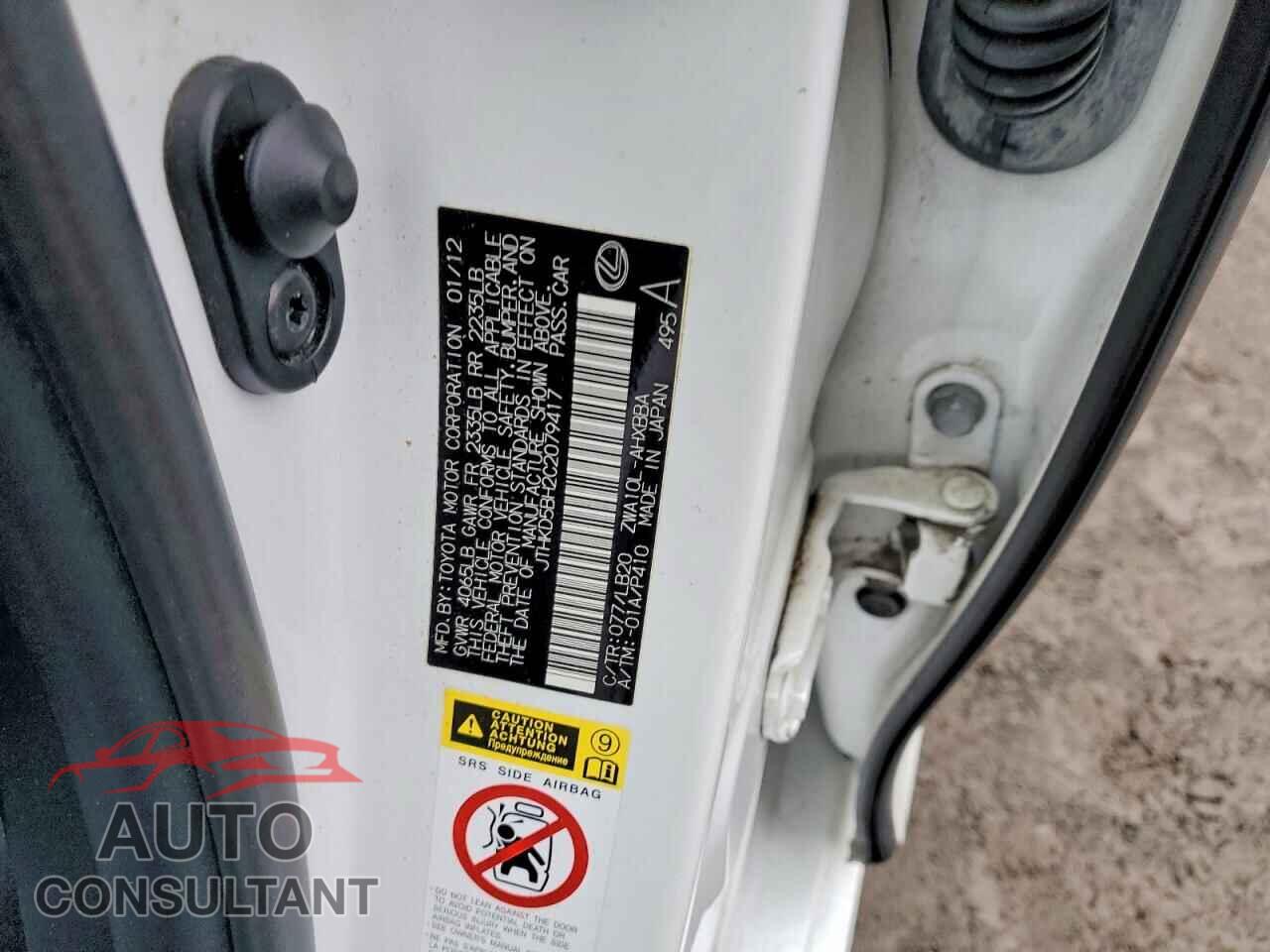 LEXUS CT 200 2012 - JTHKD5BH2C2079417