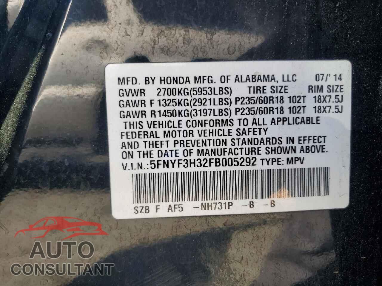 HONDA PILOT 2015 - 5FNYF3H32FB005292