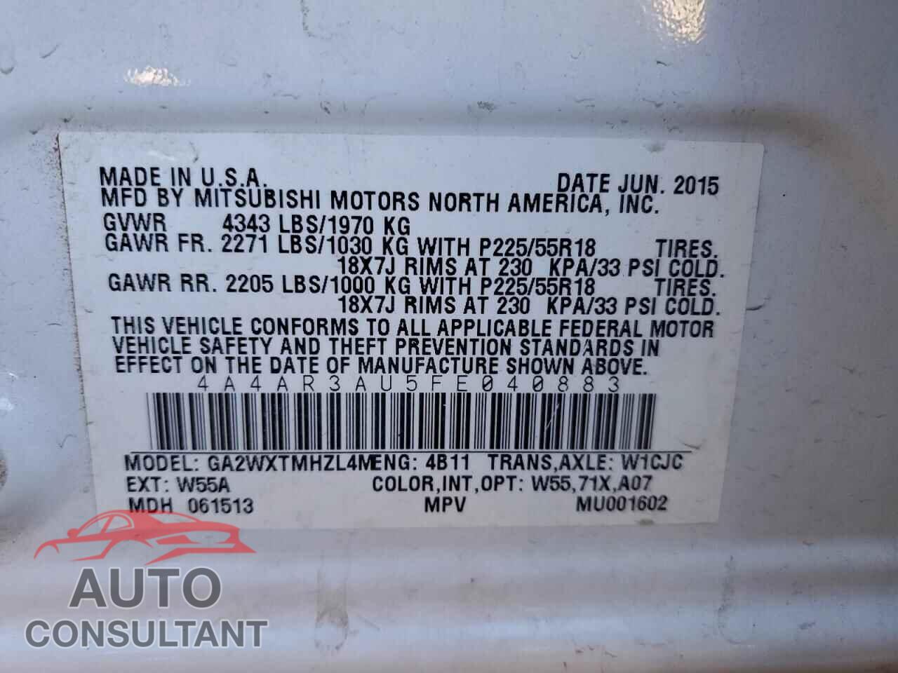 MITSUBISHI OUTLANDER 2015 - 4A4AR3AU5FE040883