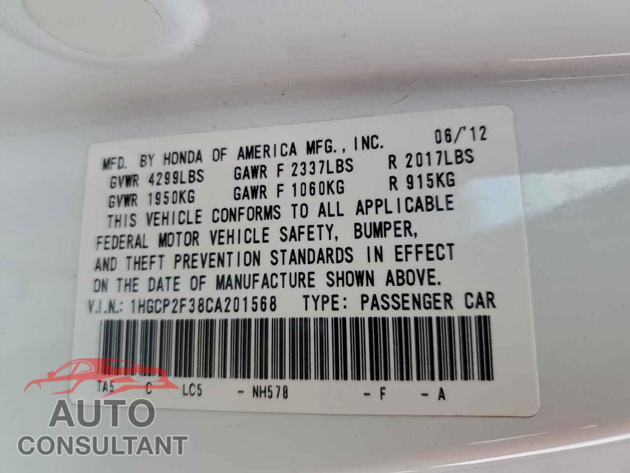 HONDA ACCORD 2012 - 1HGCP2F38CA201568