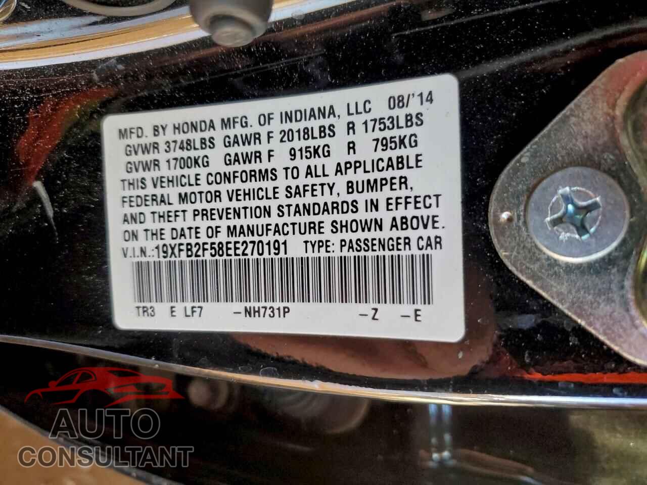 HONDA CIVIC 2014 - 19XFB2F58EE270191