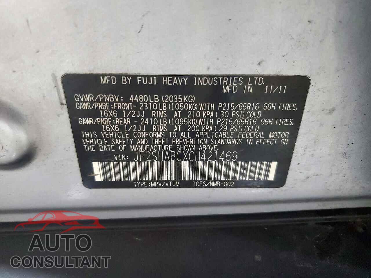 SUBARU FORESTER 2012 - JF2SHABCXCH421469