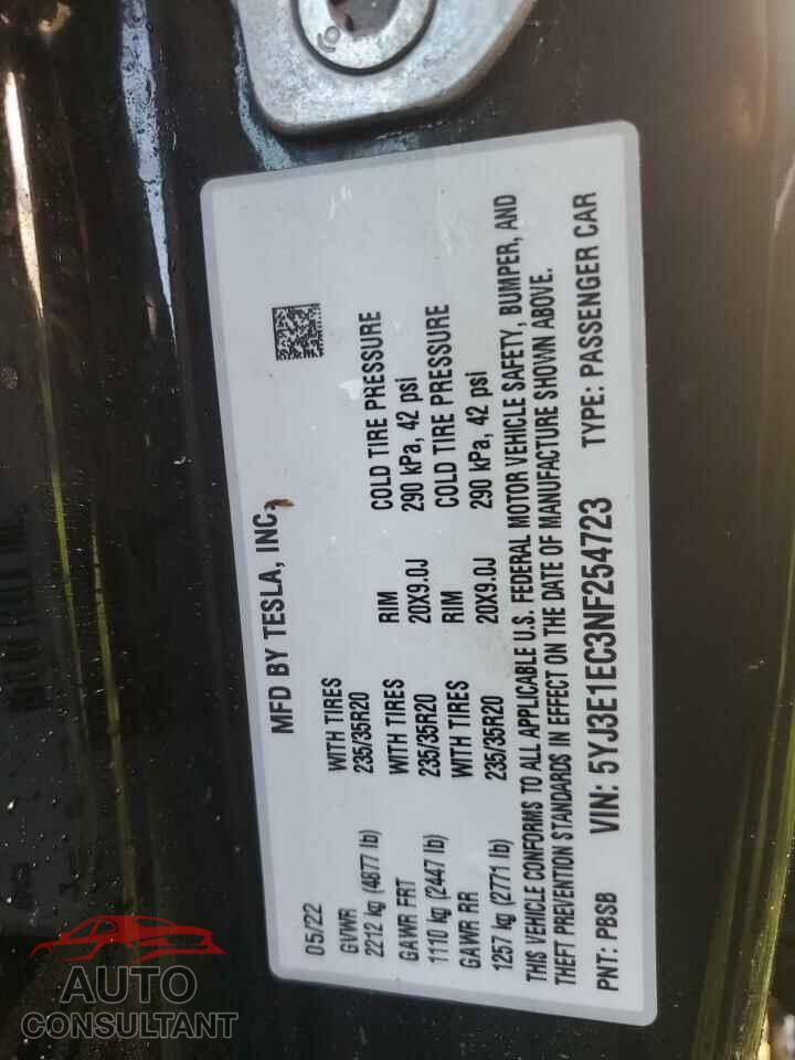 TESLA MODEL 3 2022 - 5YJ3E1EC3NF254723