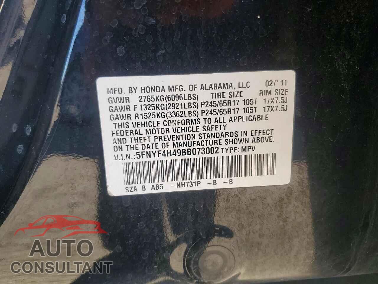 HONDA PILOT 2011 - 5FNYF4H49BB073002