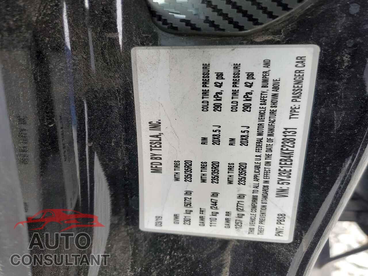 TESLA MODEL 3 2019 - 5YJ3E1EB4KF238131
