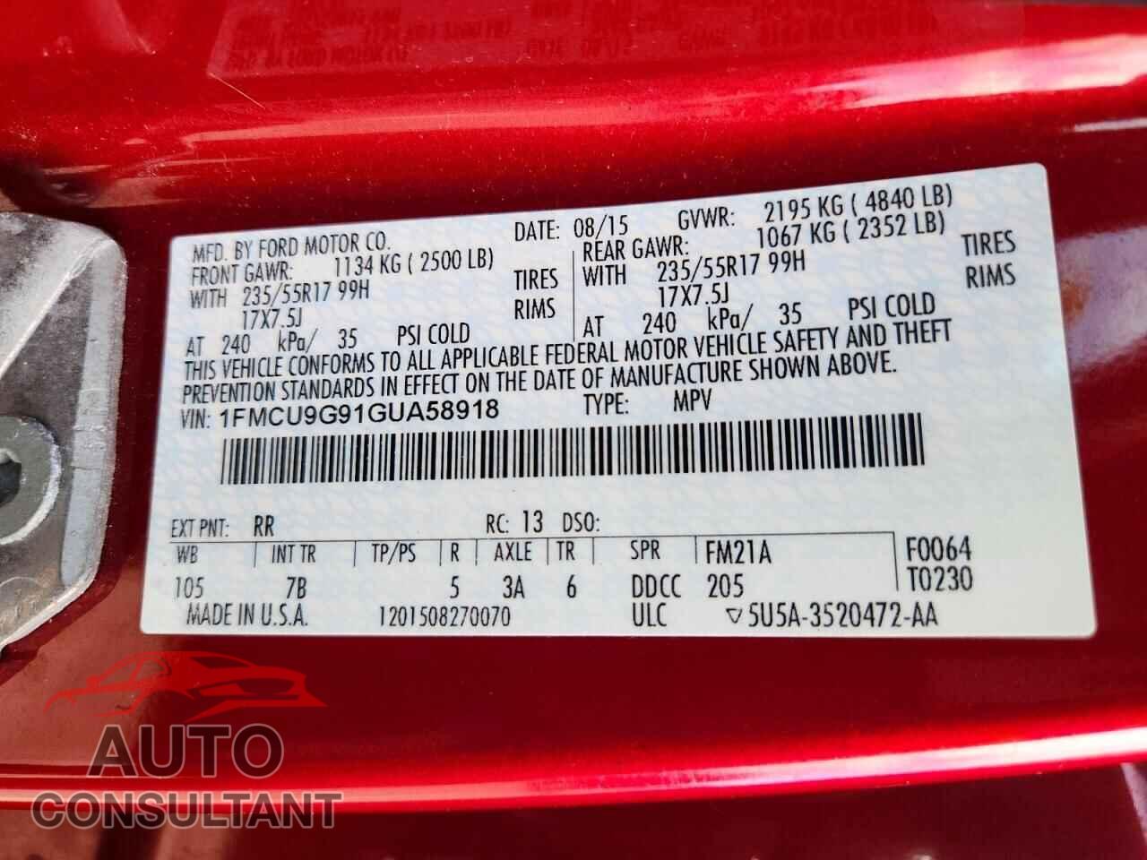 FORD ESCAPE 2016 - 1FMCU9G91GUA58918