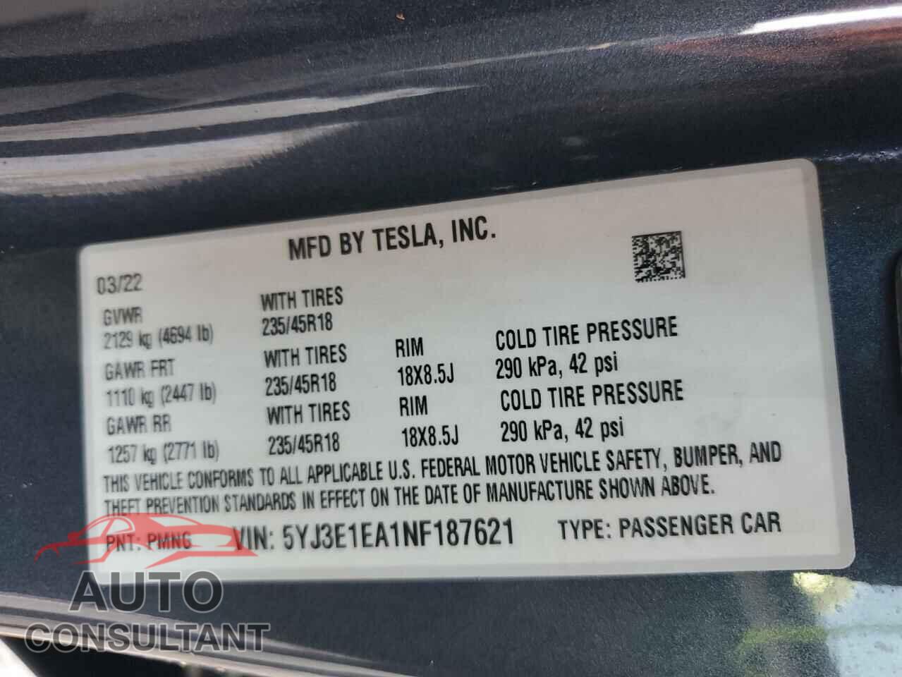 TESLA MODEL 3 2022 - 5YJ3E1EA1NF187621