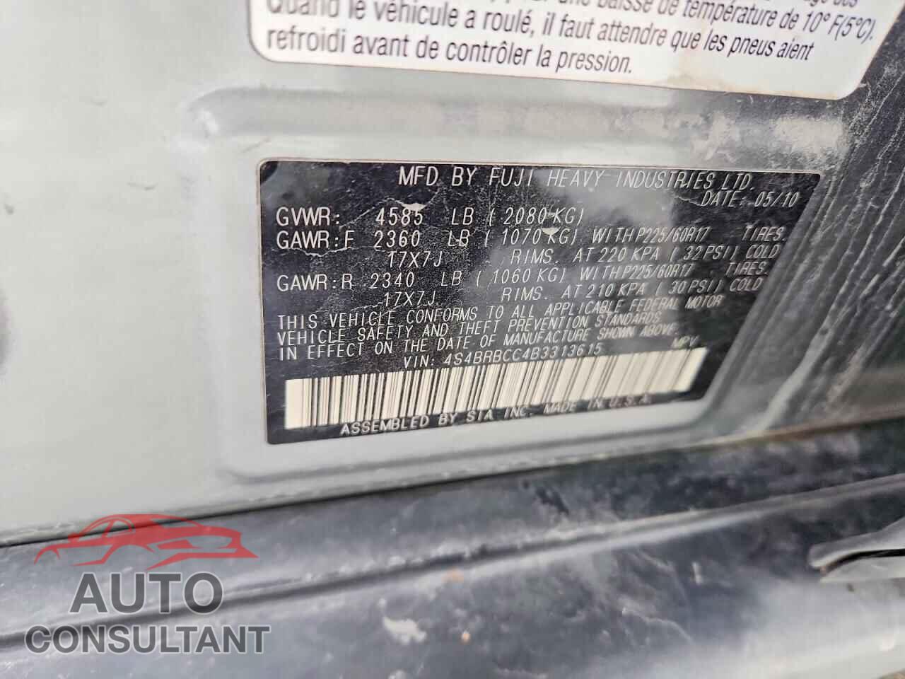 SUBARU OUTBACK 2011 - 4S4BRBCC4B3313615
