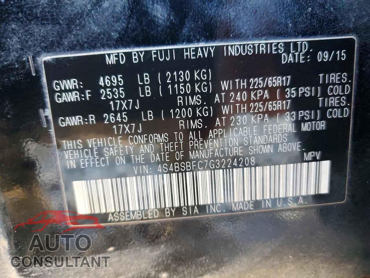 SUBARU OUTBACK 2016 - 4S4BSBFC7G3224208