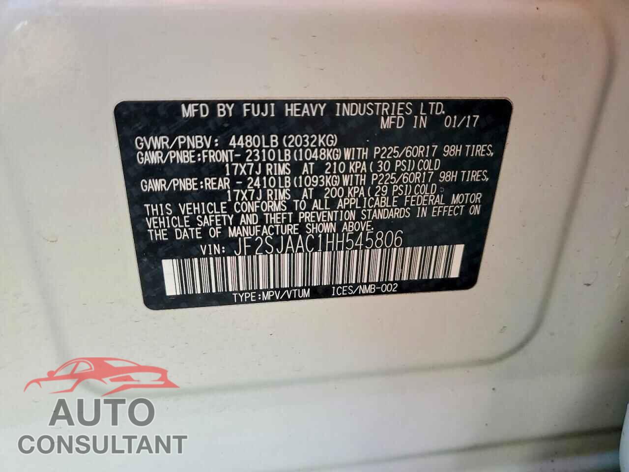 SUBARU FORESTER 2017 - JF2SJAAC1HH545806