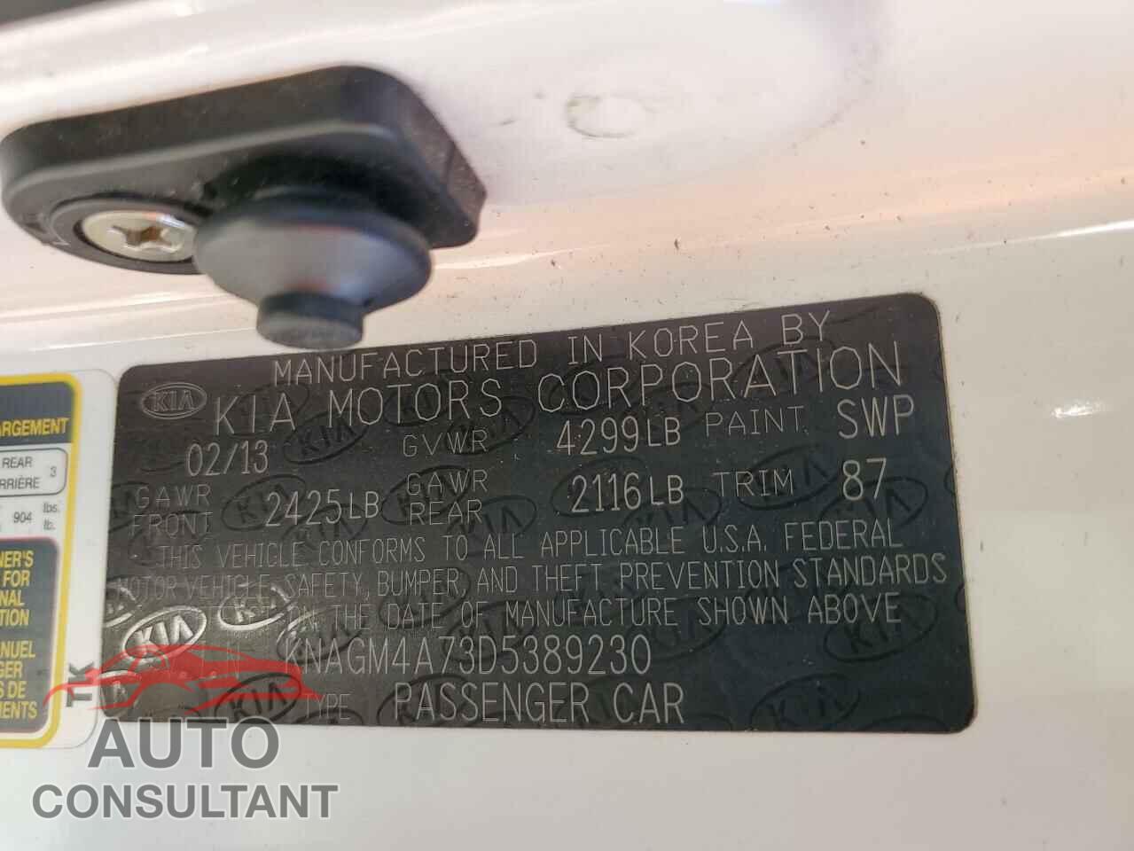 KIA OPTIMA 2013 - KNAGM4A73D5389230