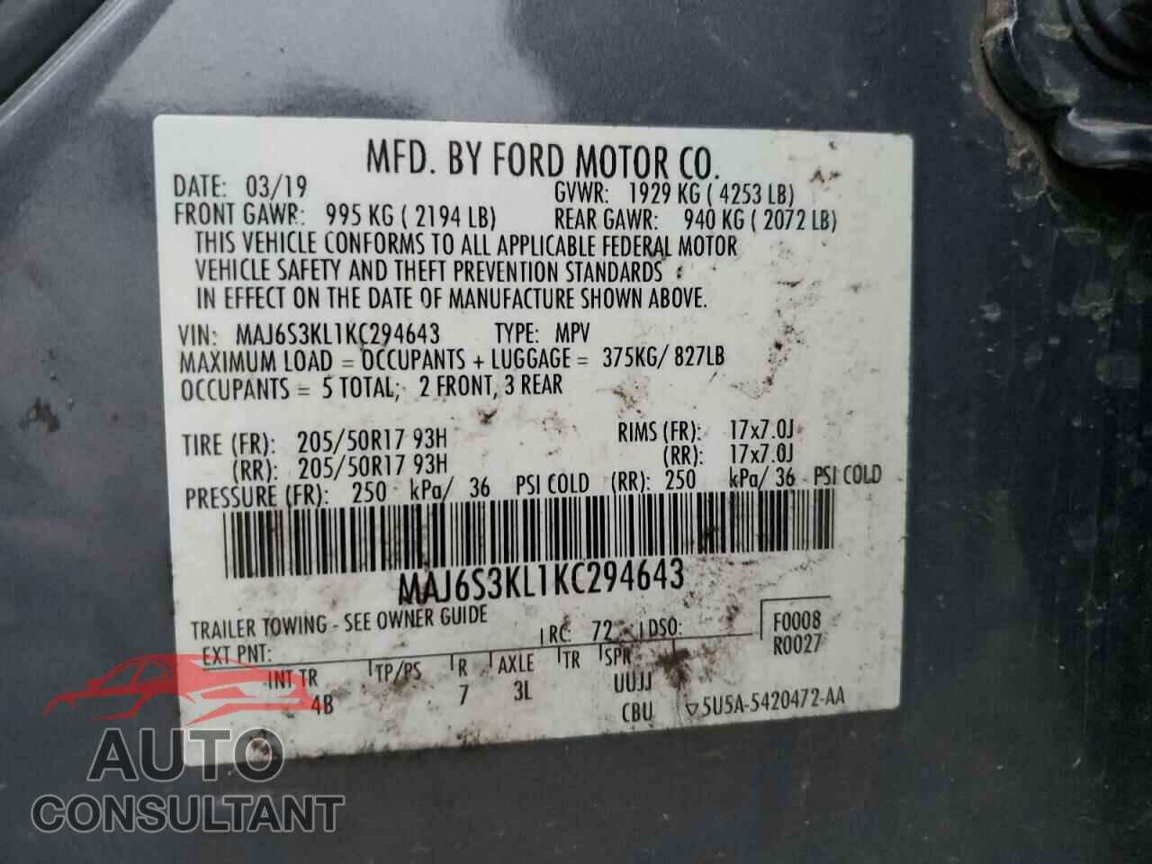 FORD ECOSPORT 2019 - MAJ6S3KL1KC294643