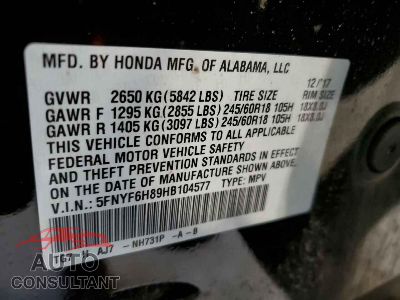 HONDA PILOT 2017 - 5FNYF6H89HB104577