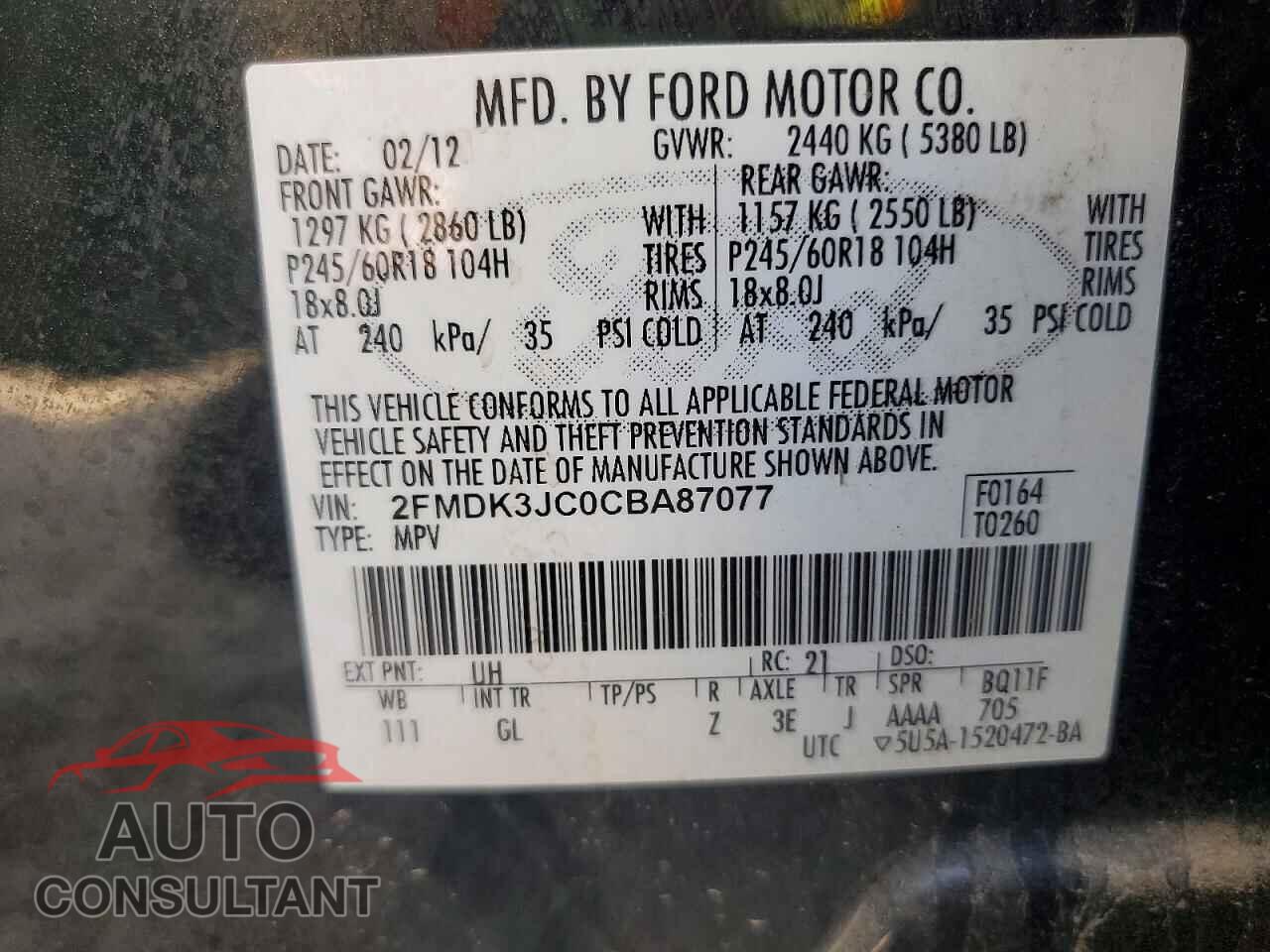 FORD EDGE 2012 - 2FMDK3JC0CBA87077