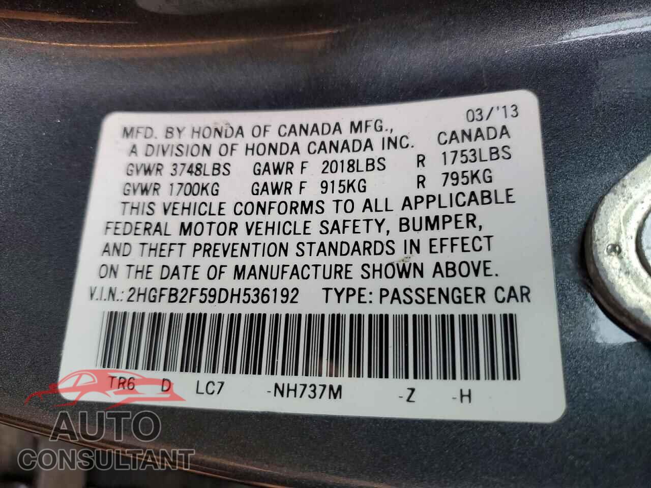 HONDA CIVIC 2013 - 2HGFB2F59DH536192