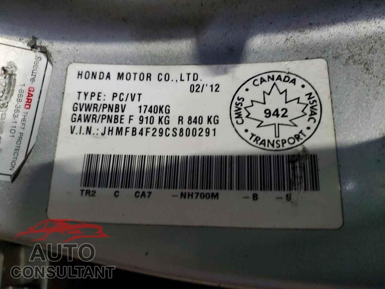 HONDA CIVIC 2012 - JHMFB4F29CS800291