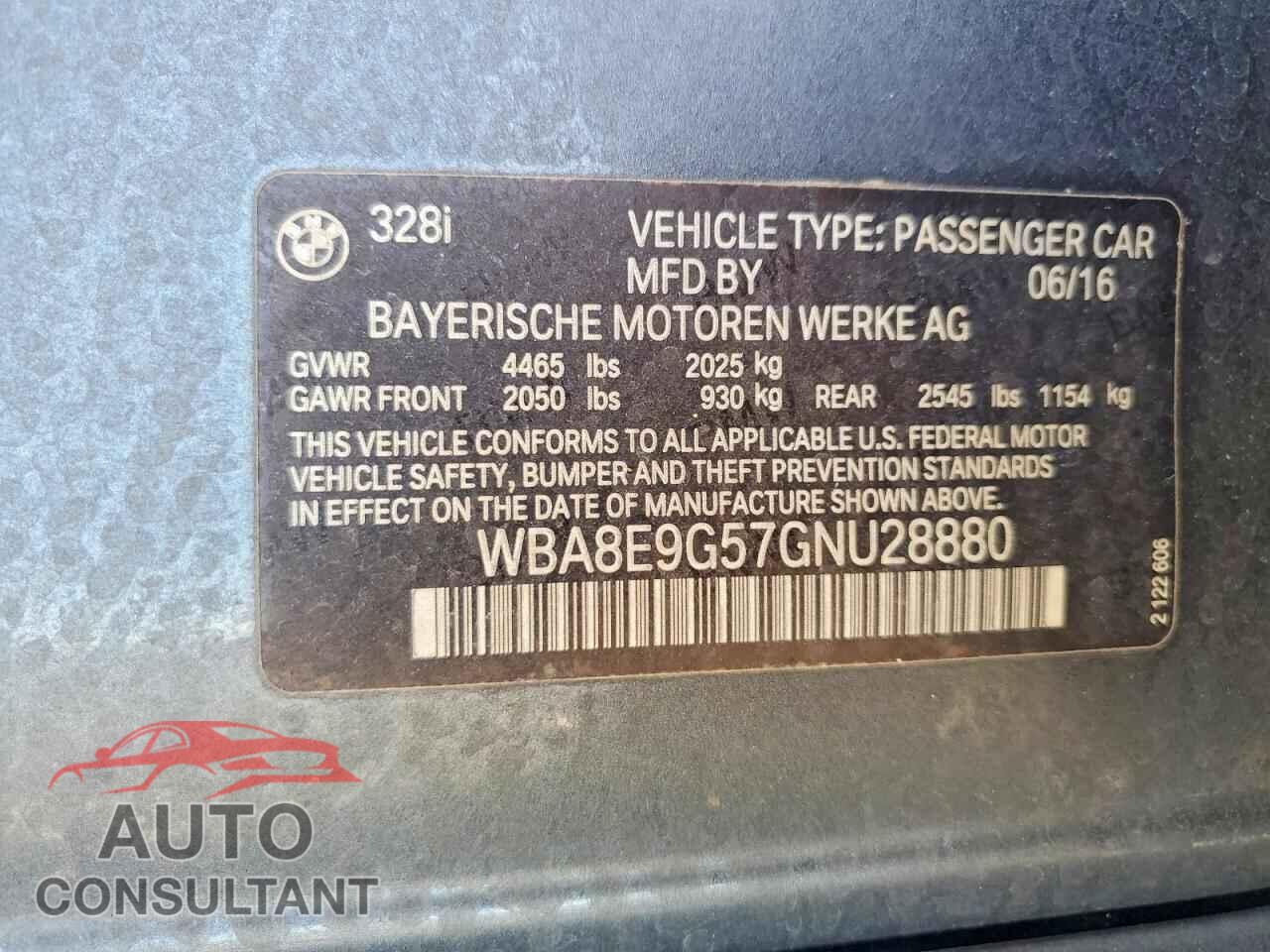BMW 3 SERIES 2016 - WBA8E9G57GNU28880