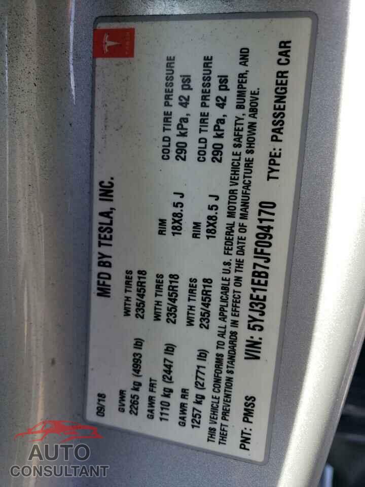 TESLA MODEL 3 2018 - 5YJ3E1EB7JF094170